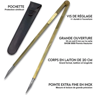 Compas Pointe S�che Droit 20 cm en laiton, optimis� pour le permis hauturier - FlashTide